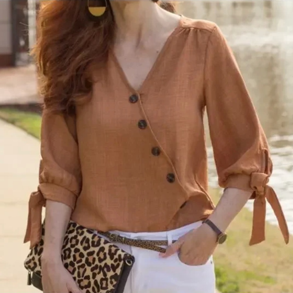 Soft Surrounding Loose Fit Asymmetrical Button Samar Rust-Cognac Top / Blouse